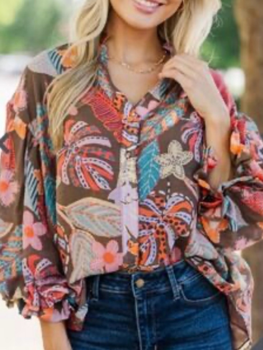 Fate What You're Brown Floral Balloon-Sleeve Blouse Boho Chic Size L